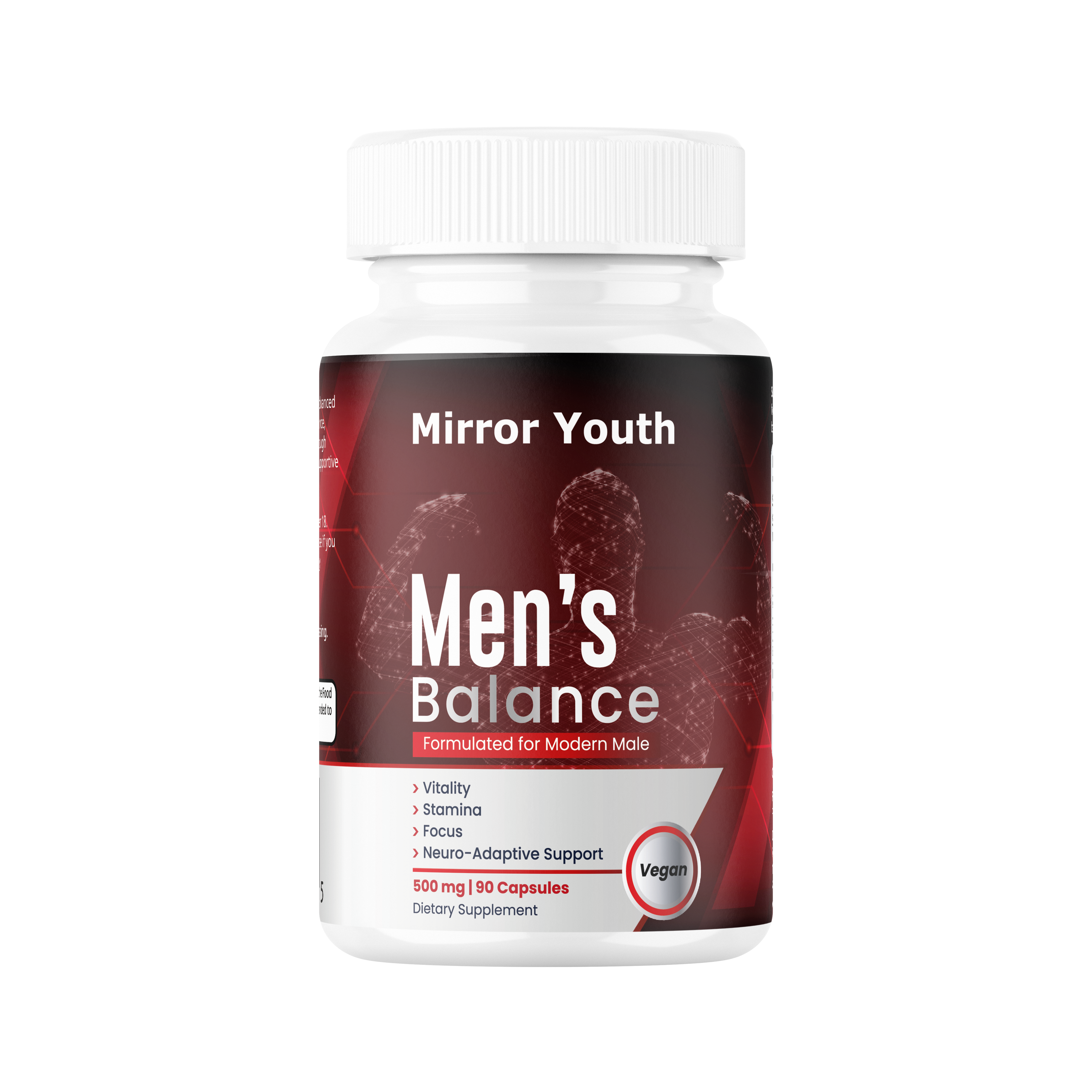 Mirror Youth Men's Balance plant-based testosterone support supplement bottle featuring vitality, stamina, focus, and neuro-adaptive support with 90 vegan capsules for modern male wellness