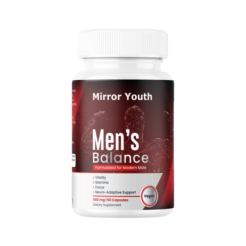 Mirror Youth Men's Balance plant-based testosterone support supplement bottle featuring vitality, stamina, focus, and neuro-adaptive support with 90 vegan capsules for modern male wellness