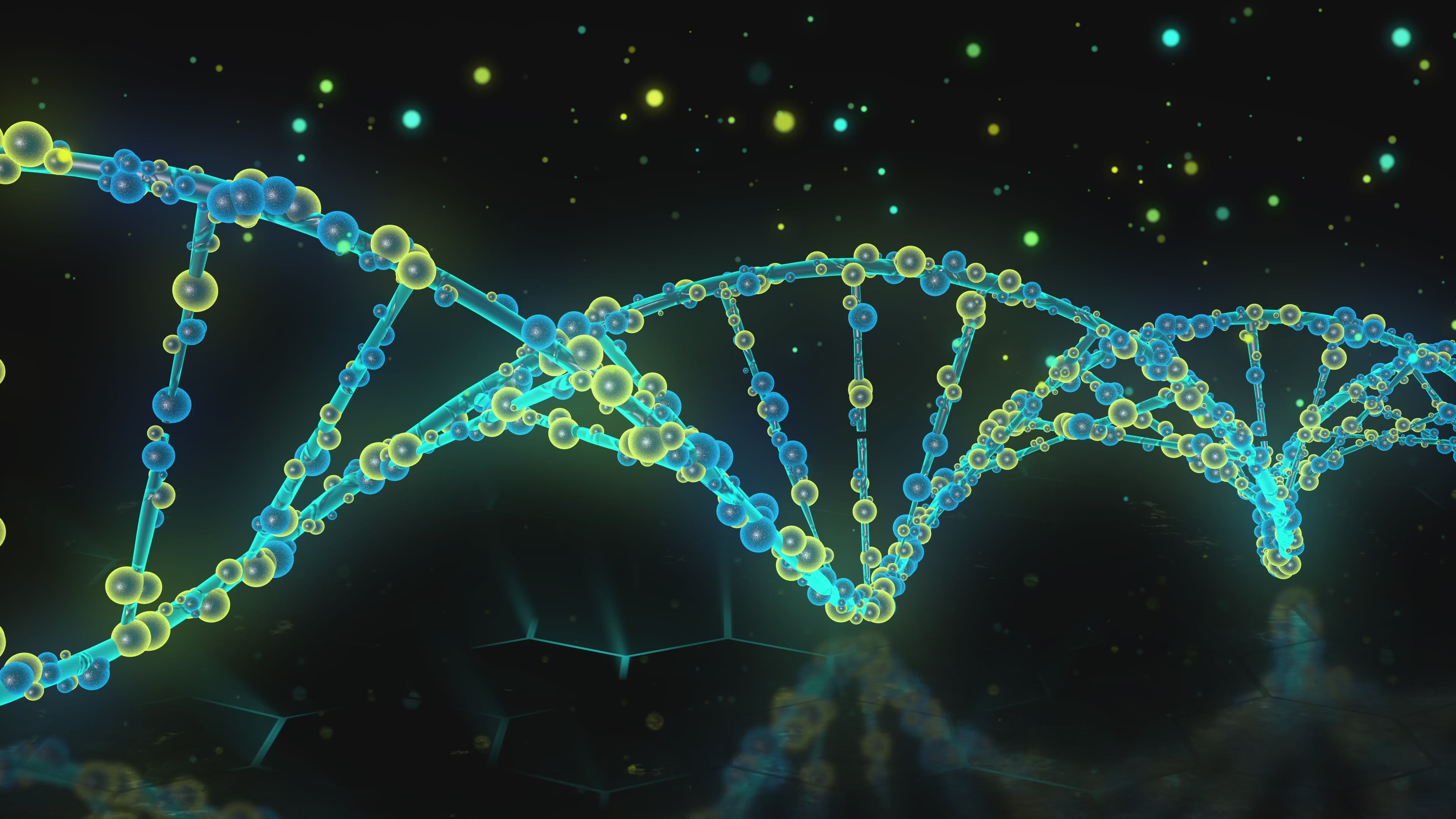 Dynamic DNA molecular animation with luminous blue and green atomic spheres showcasing genetic science, cellular biology, and advanced biotechnology research for Mirror Youth supplement development