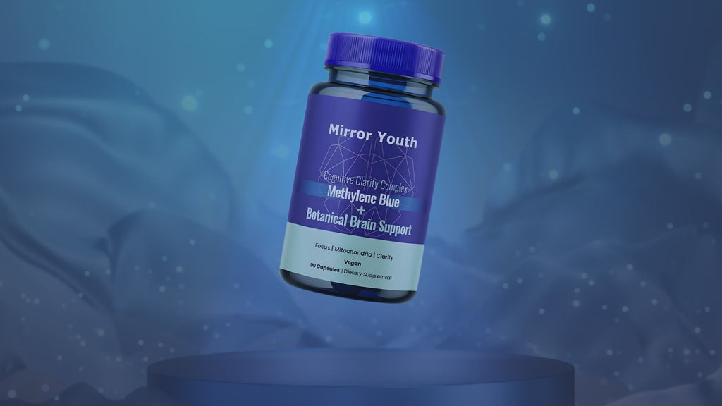 Mirror Youth Methylene Blue Brain Supplement bottle demonstration showing USP grade nootropic formula with 8 botanicals for mental clarity and cognitive enhancement