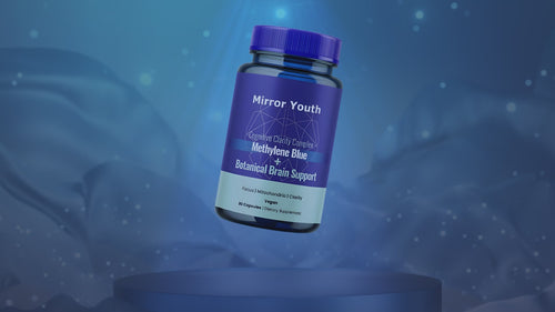 Mirror Youth Methylene Blue Brain Supplement bottle demonstration showing USP grade nootropic formula with 8 botanicals for mental clarity and cognitive enhancement