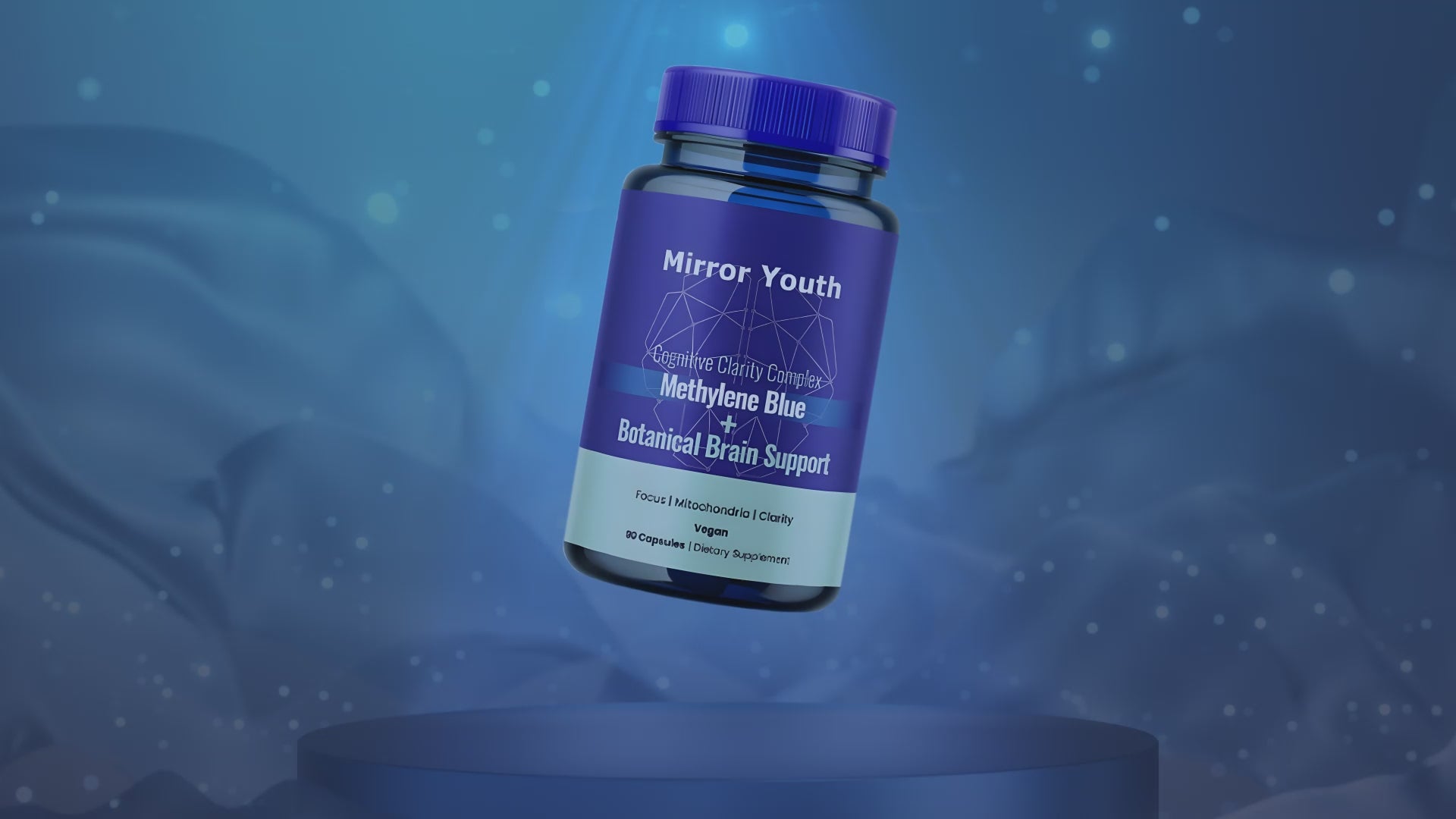 Mirror Youth Methylene Blue Brain Supplement bottle demonstration showing USP grade nootropic formula with 8 botanicals for mental clarity and cognitive enhancement